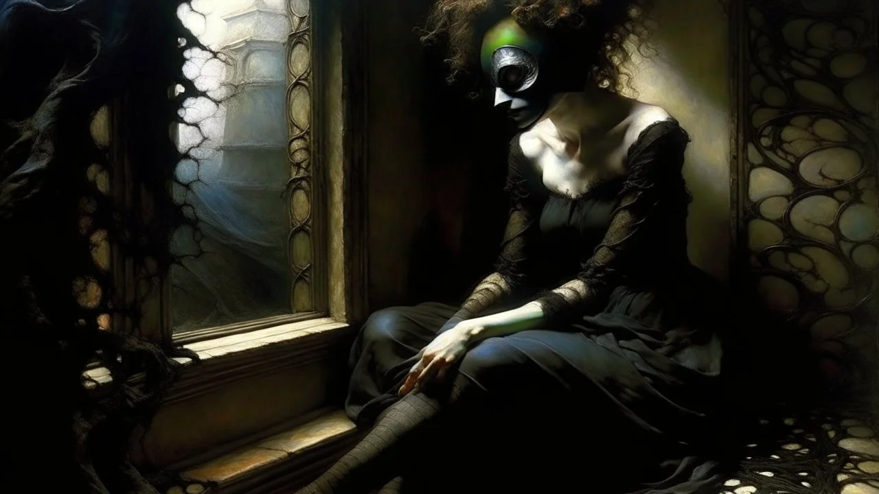 woman with a dark mask sitting by a window, Leonor Fini