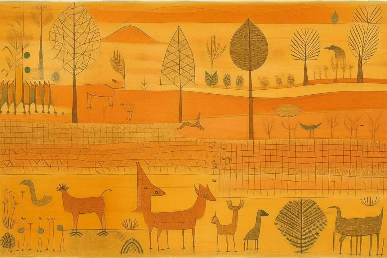 A light rosy orange colored savanna with animals designed in ancient Greek pottery painted by Paul Klee