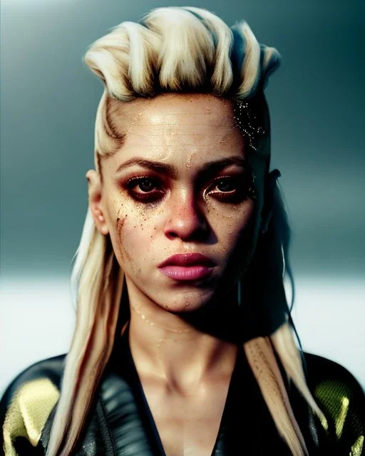 portrait, Shakira, blonde artist, angry, Realistic image, MMA robe, hoodie, mma gloves, loose long hair, fight pose, eyes, make-up, gold line make-up, moisture, sweat, fog, goddess, Neon colors, leds. Black background, photo studio, concept art, smooth, unreal engine 5, god lights, ray tracing, RTX, lumen lighting, ultra detail, volumetric lighting, 3d, finely drawn, high definition, 4k.