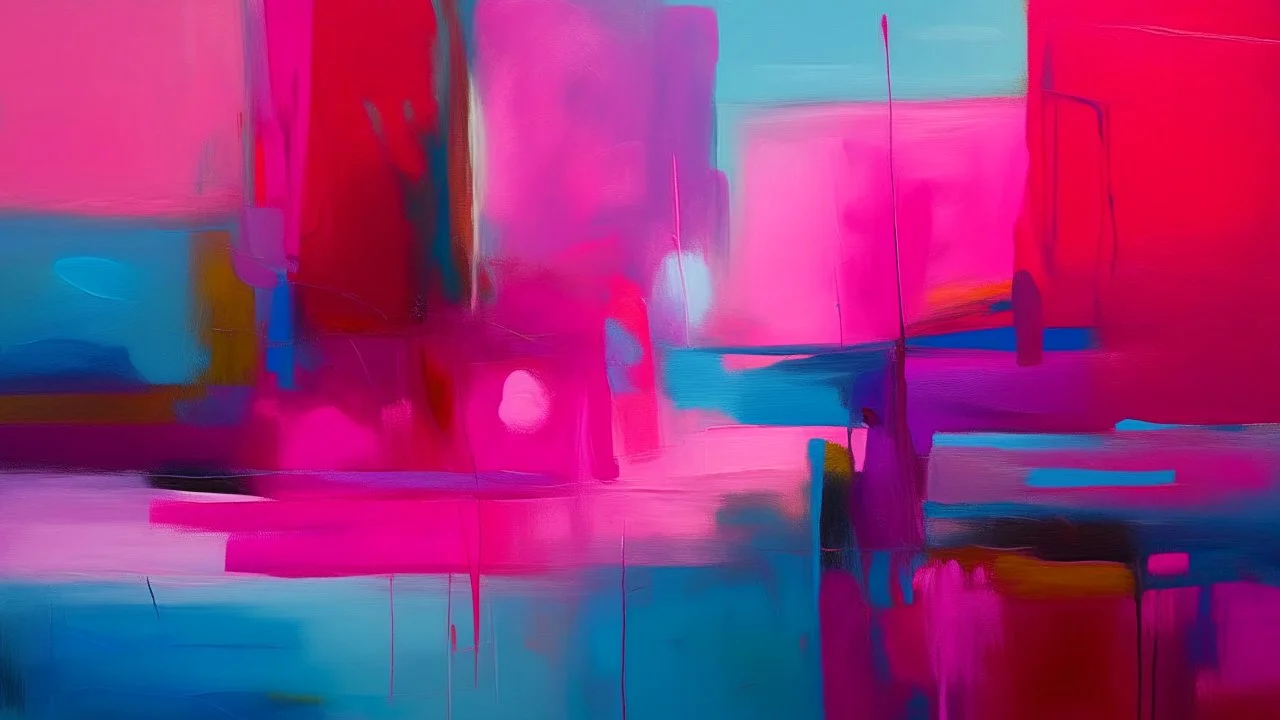 Gran lienzo con amplios campos de color magenta translúcido y azul pálido que se funden suavemente sin transiciones abruptas, superficie completamente uniforme y sin pinceladas visibles, composición abierta y luminosa que prioriza la relación óptica del color sobre la expresión emocional, estilo de abstracción pospictórica y Color Field Painting.