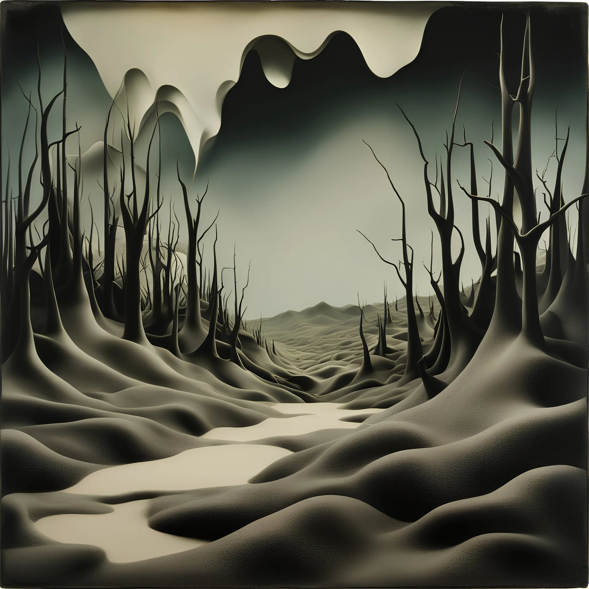 Creepy landscape, strong texture artistic polaroid volumetric light, Yves Tanguy, Henri Rousseau, 3d abstractism