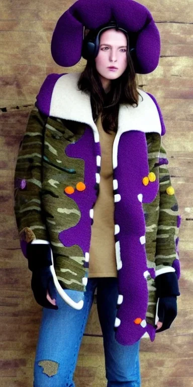 Brunette she. average body type. big head. Mantle is sewed of upcycled Denim and sewed together of camouflage pieces. Pieces' color are orange, cream and purple. It is with big bright purple felt tippet and cream-colored-hood. mantle is merged with satchel. . Big AKG-style headphones (gold rings!) is merged with small felt cap with small visor. Style: Haute Couture in 1910's, Paris fashion in 2030, inspired by street art. Cream latex gaiter. Her head and rest body!