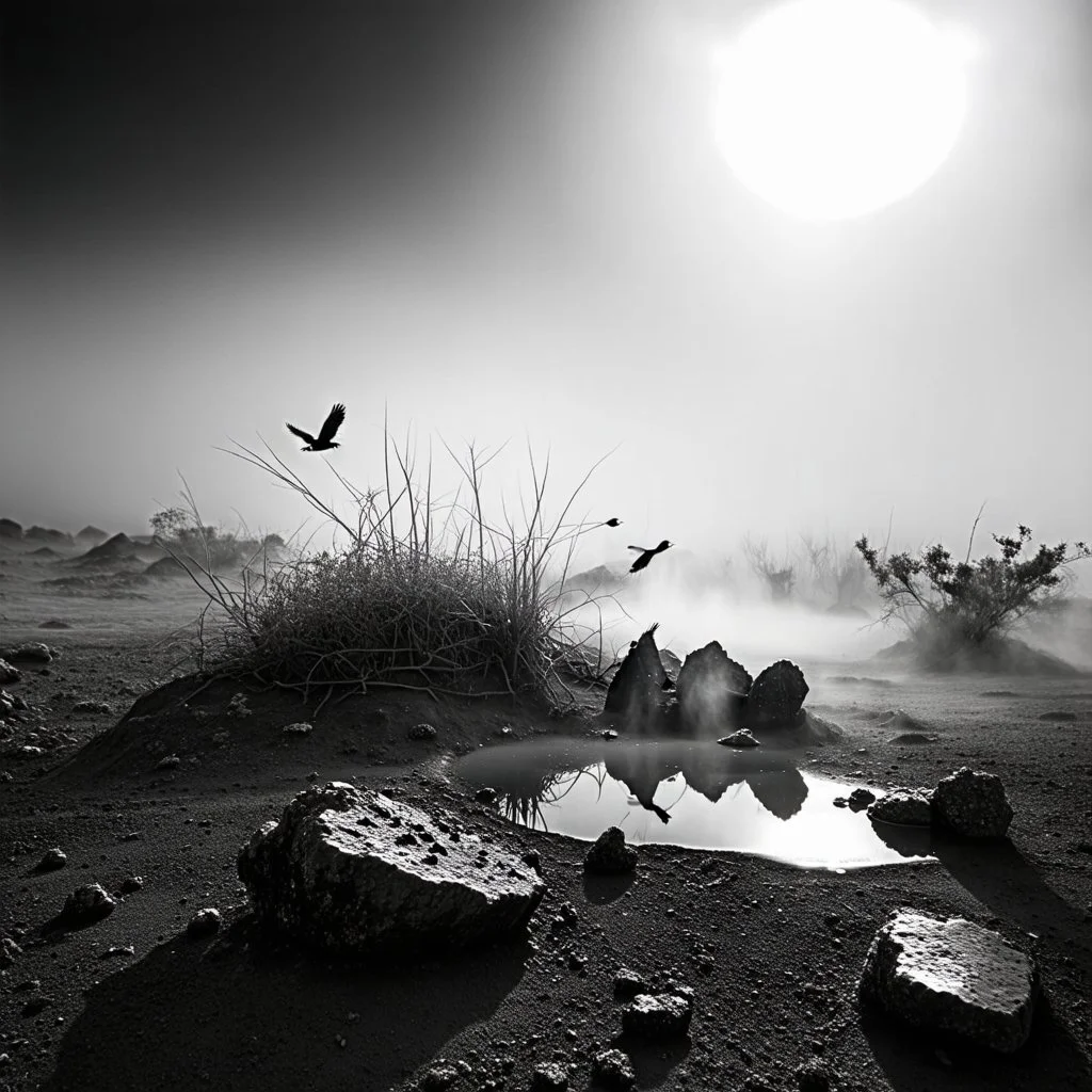 A striking quality Ilford photograph captures a wasteland with liquid and stars, Amano, Audubon, creepy, details of the dust and liquids very accentuated, glossy organic mass, vegetation, adorned with minerals and rocks. Bathed in intense light, eerie, Max Ernst style, white sun, fog