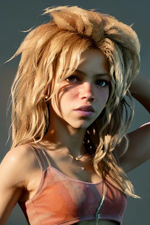 Shakira, artist, 30 years old, Realistic image, waist up portrait, blonde, loose long hair, wind, eyes make up, perfect, glow, circle iris. concept art, smooth, unreal engine 5, god lights, ray tracing, RTX, lumen lighting, ultra detail, volumetric lighting, 3d, finely drawn, high definition, 4k.