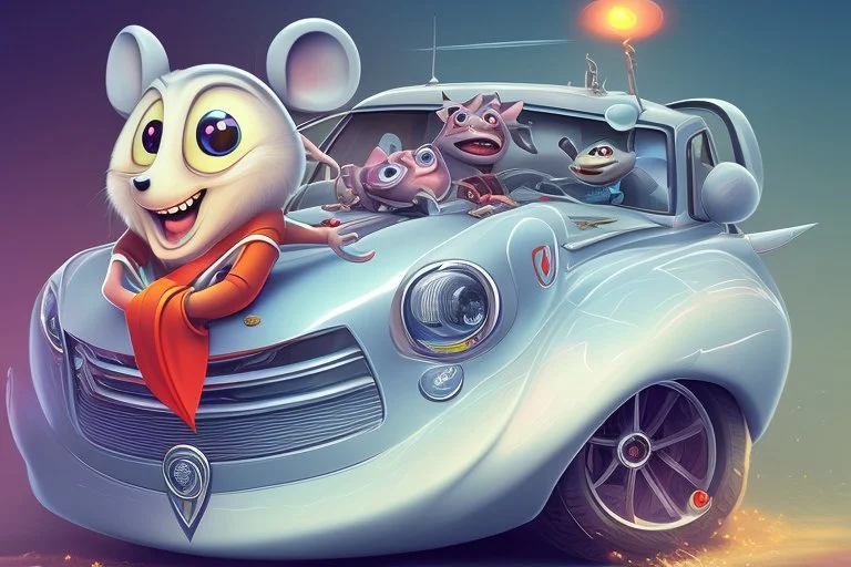 whimsical cartoon car with big eyes and its front grill forming a friendly smile, with a mouse character riding on it.