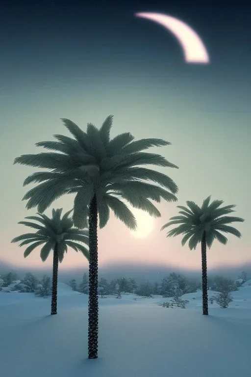 1980's aesthetic vaporwave palm trees with lighting with moon with audi in the winter snow