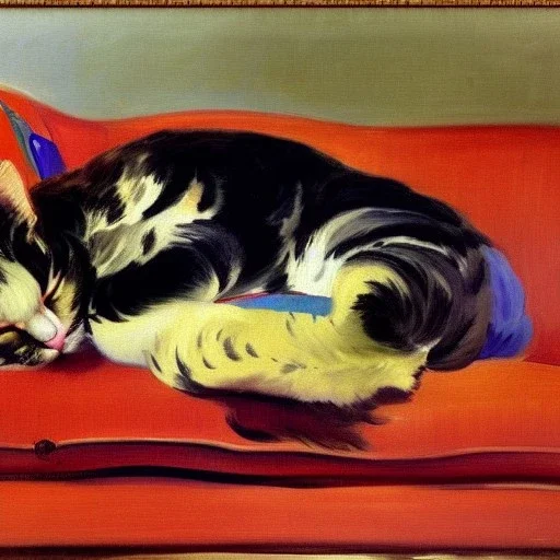 oil portrait of tricolor pattern Cat sleeping in a sofa by Joaquín Sorolla 8k