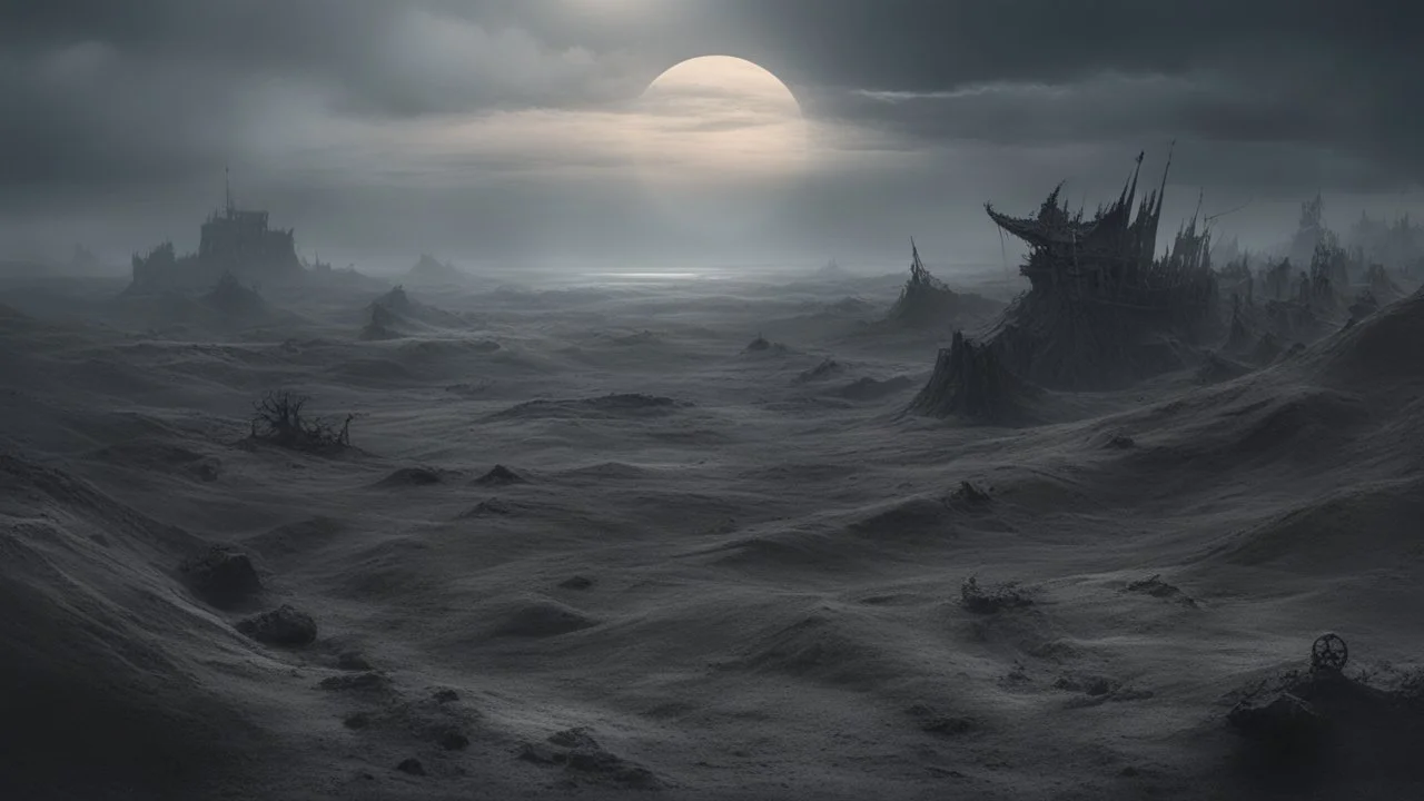 an apocalyptic landscape covered in dark gray dust. ancient battle field. skeleton. dragon bones everywhere. dead sun. dark grey mist. dead ocean in the distance. seen from the ground. fantasy, horror. no trees