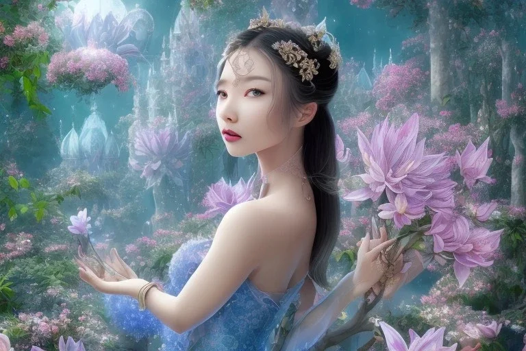 only one pretty asiatique girl dénudée just before a magical crystal flower lotus magnolia lys bougainvillier, blue gold house indian palace castle in the woods, magnolias pink,blue lake,sun,white swanns,pink vertical, blue lake,sharp, vines, candlelit, endor, ornate, elegant, highly detailed, artstation, concept art, smooth, sharp focus, illustration, 8k, splash art, wallpaper, key visual