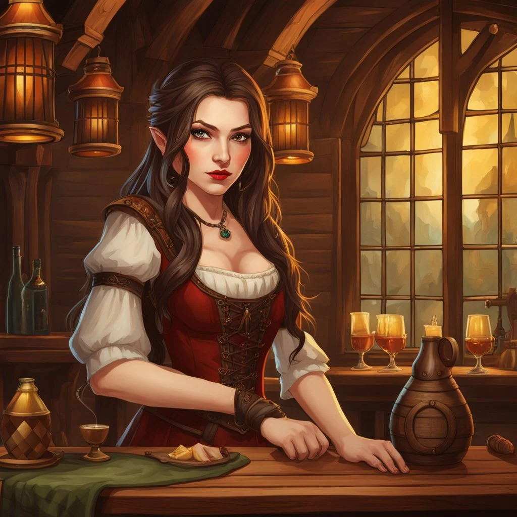 An arrogant looking young woman with pale skin and long brown hair in a fantasy tavern setting with intricate details. She is smirking, a tavern wench, has red eyes, an air of malevolent power surrounds her. High definition.