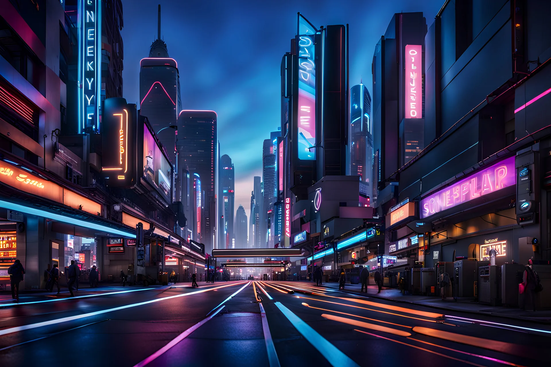 Photograph of a busy cyberpunk city street at dusk, taken from a low angle, with towering buildings and vibrant neon lights, Cinematic lighting, Volumetric lighting, Epic composition, Photorealism, Very high detail, Bokeh blur, Sony Alpha α7, ISO1900, Character design, Unreal Engine, Octane render, HDR, Subsurface scattering