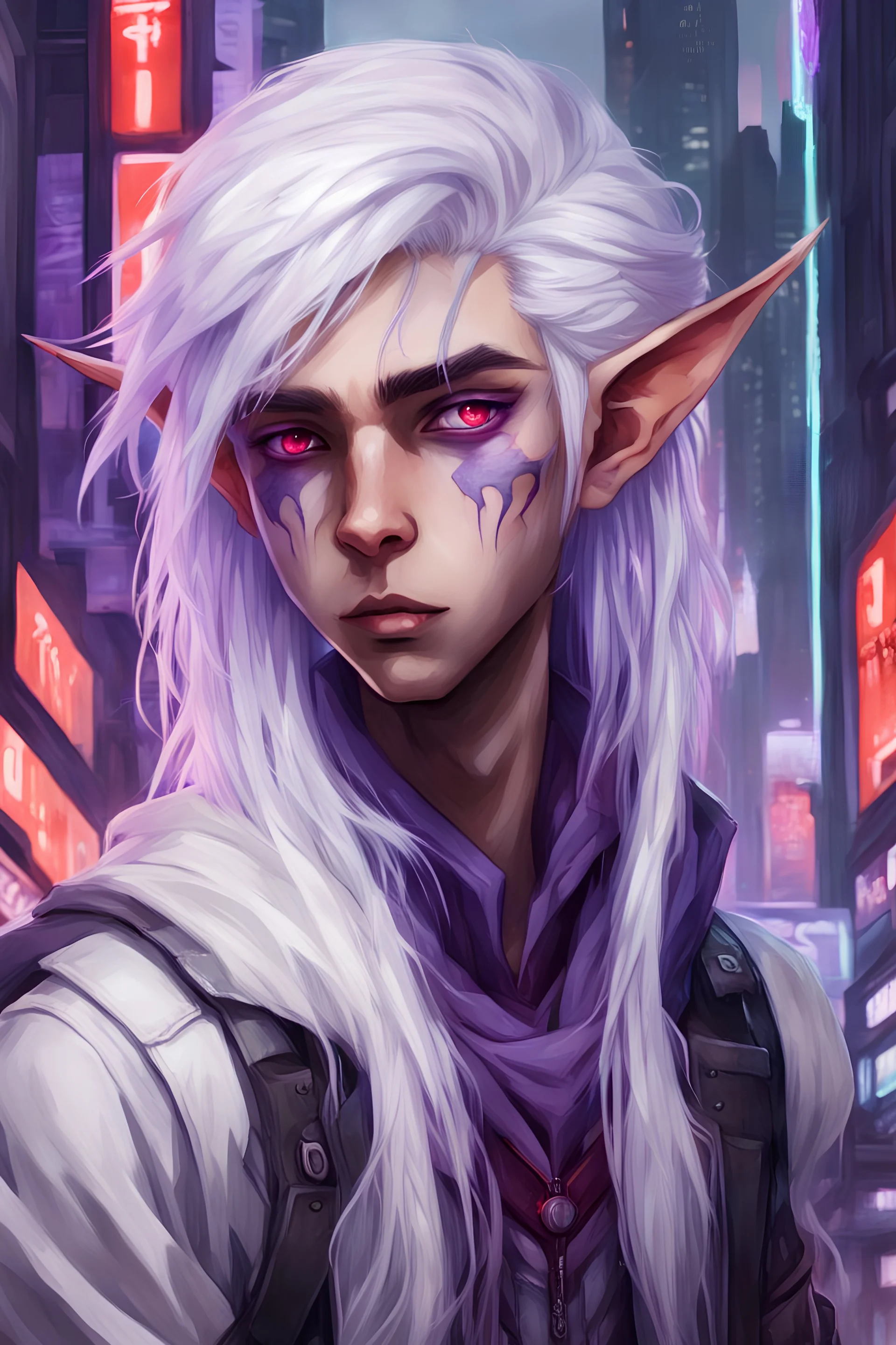 Dessine un jeune garçon elfe androgyne avec de longs cheveux blancs et des mèches violettes, un oeil droit rouge et un oeil gauche violet, le tout dans un décor de ville cyberpunk