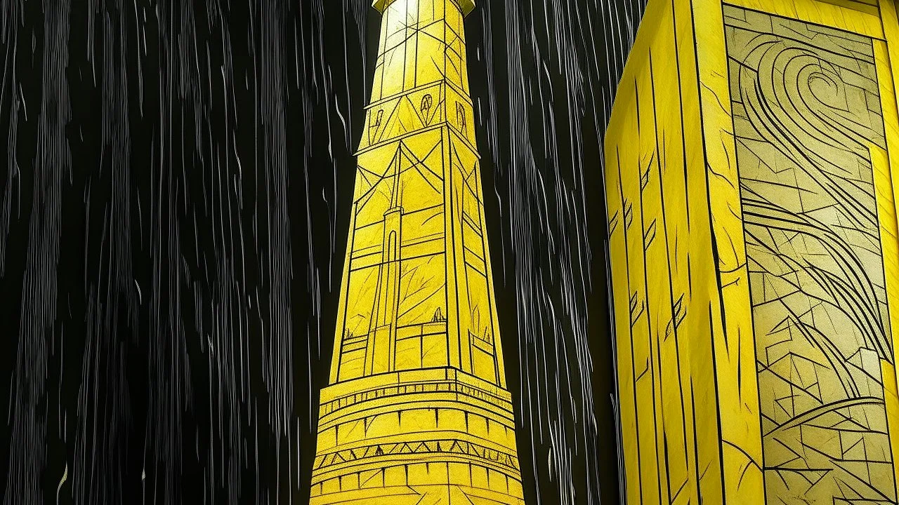 A light yellow spire with lightning designed in ancient Egyptian hieroglyphics painted by Vincent van Gogh