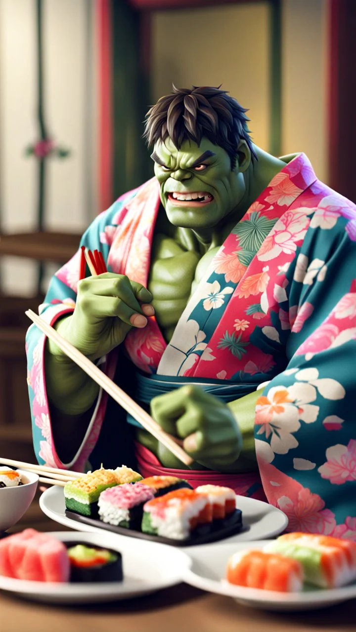 a hulk eating sushi with chopsticks, wearing a colorful kimono, 8k