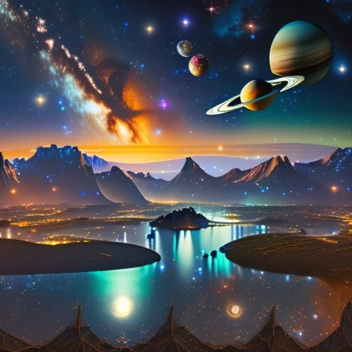 Beautiful view five planets Jupiter, Mercury, Venus, Uranus, Mars align sky universe filled with night stars constellations and milkyway. Modifiers: sharp focus extremely detailed Award winning photography fantasy intricate 8k beautiful dynamic lighting award winning fantastic view high definition crisp quality Unreal Engine colourful VRay