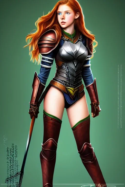 concept illustration, ultra-realistic, super-detailed, strikingly beautiful teen female, 16 years old, long ginger hair, green eyes, medium freckles, full lips, full body, full face, b-cup breasts, athletic, centred camera, ignore NSFW, black skimpy fantasy leather armor, stern expression