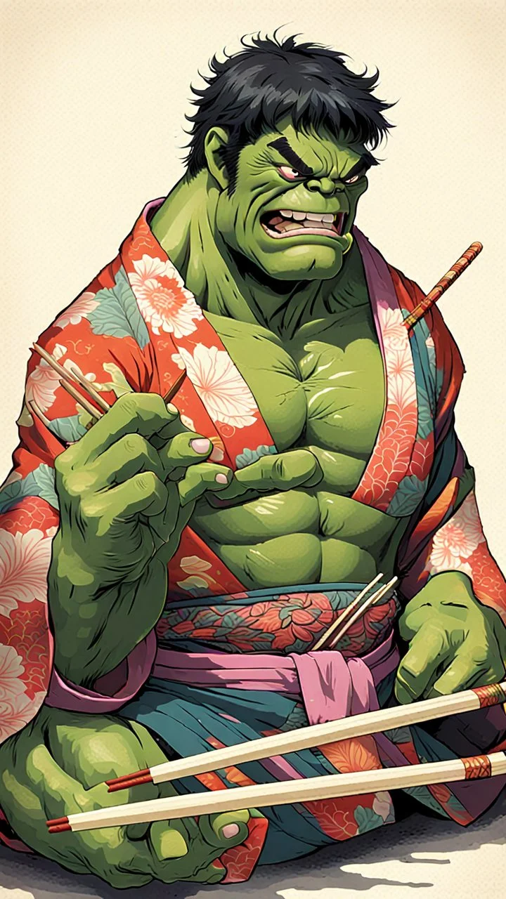a hulk eating sushi with chopsticks, wearing a colorful kimono, 8