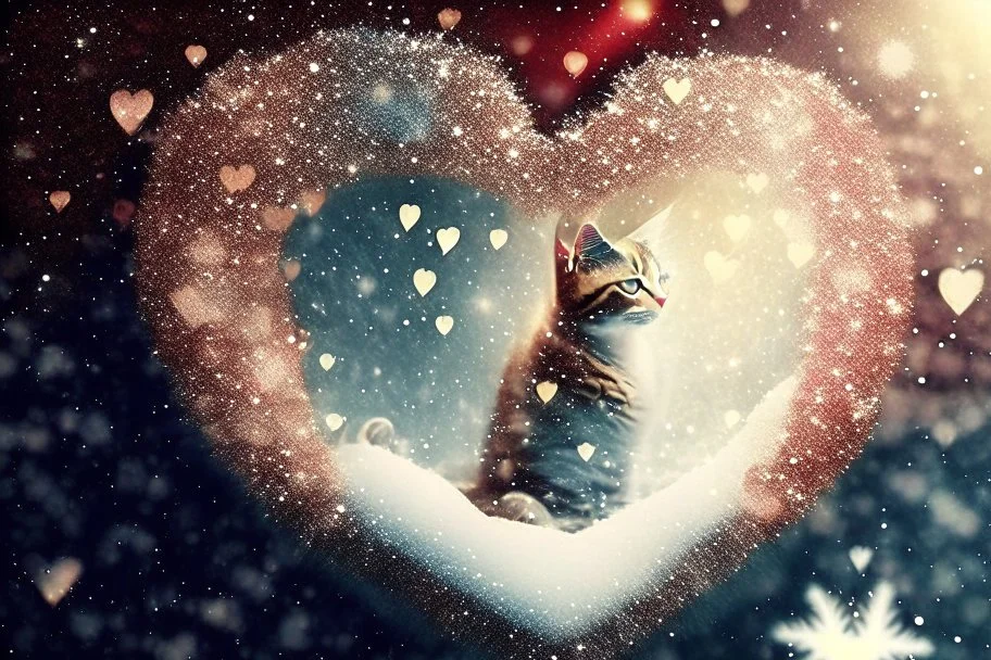 Double exposure, merged layers, Christmas fantasy, cat Christmas ornaments, gifts, double exposure, snowfall, heart, snowflakes, icy snowflakes, burlap, gems and sparkling glitter, sunshine