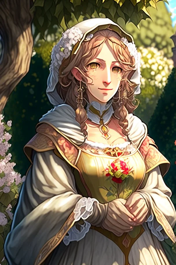 Anime, bubbly middle age woman with medieval gown, outdoors in garden, HD, extreme detail in the face