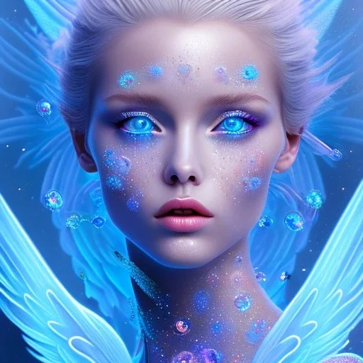 Face Angel crystalline,blond hair, blue eye ,pink , cosmic, opalescent, gemstones, crystals, other worldly,water,bright, ice background, snow lake blue