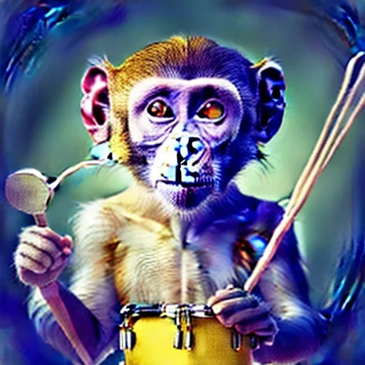 A monkey playing the drums, london skyline at night, in the style of Salvador Dali