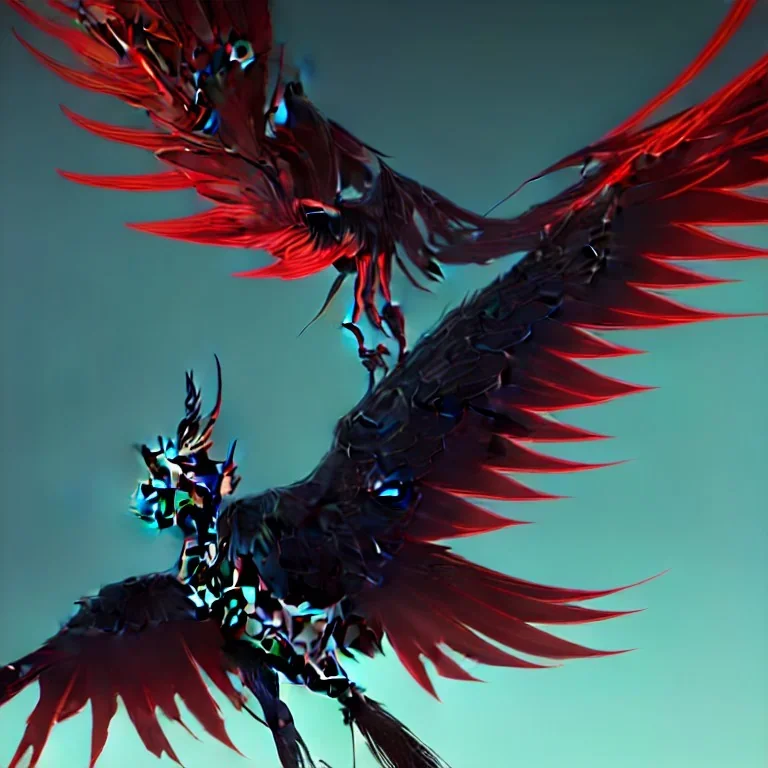 a detailed illustration of a black and red phoenix sitting on a branch of a tree, phoenix wallpaper, luminescent body, glinting wings, full body, symmetrical body, realistic, glowing wings, sharp focus, meticulously detailed, soft evening sky, 64k