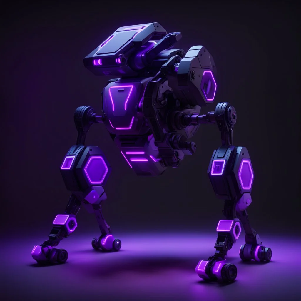 neon black and purple quadrupedal robot with a 3D hexagon for a head in a pitch black room