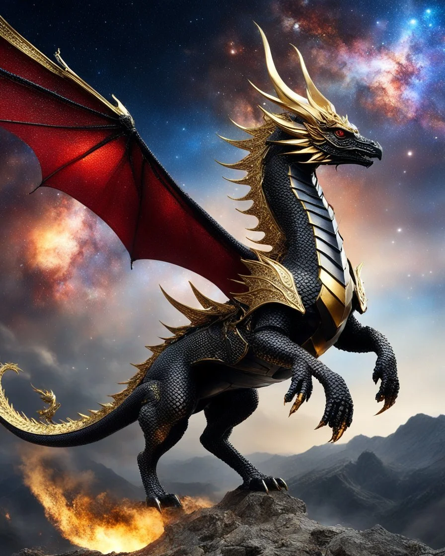 Full body photography of Dragon King army, riding a flying dragon in the sky, using luxurious battle armor design, made of black and gold metal plates, metal crafts with radiant diamond luster, on the outer surface luxury decoration of very small diamond stones, red diamond stones, Milky Way galaxy background