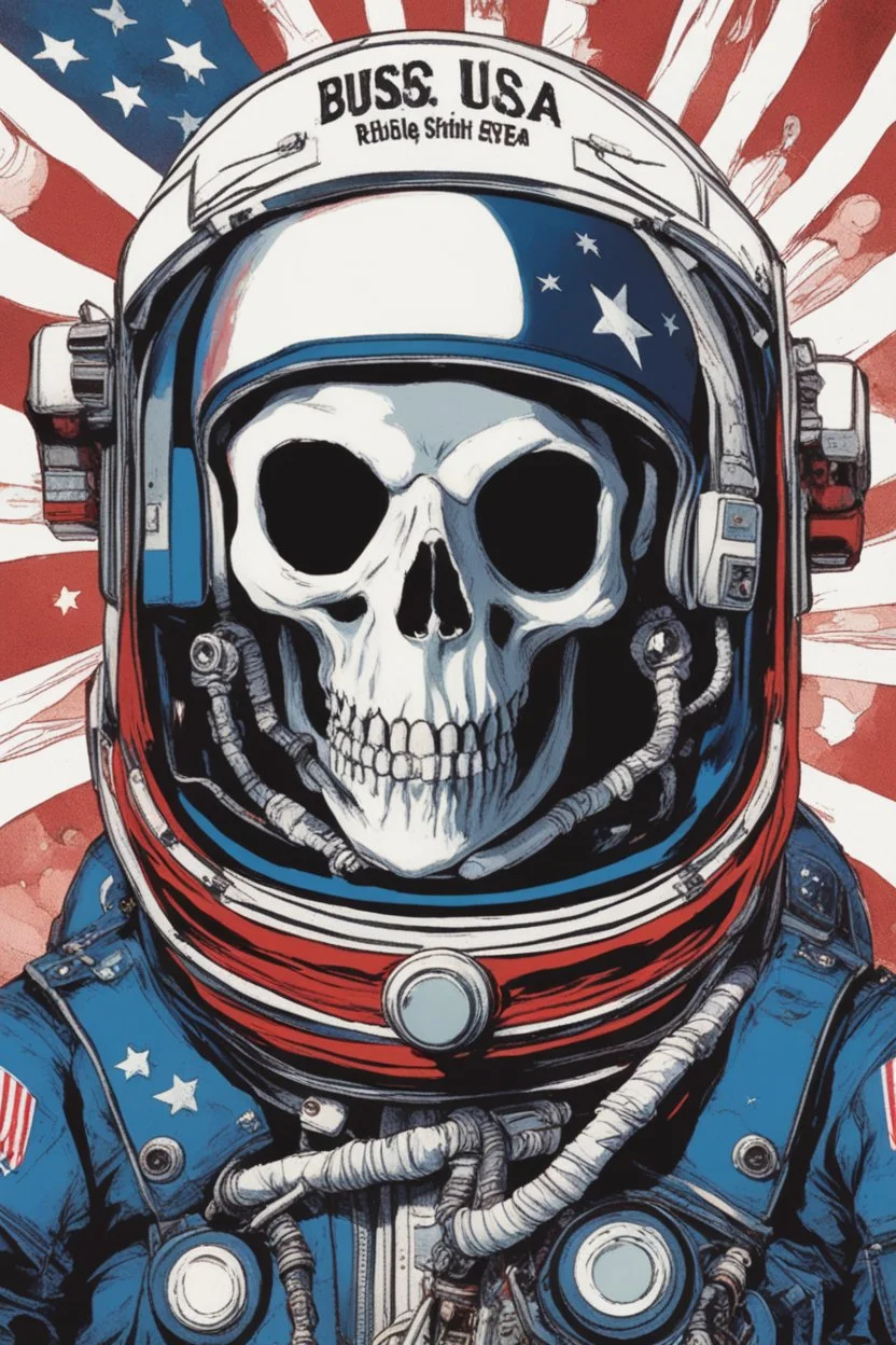 A close up of a skeleton face looking shocked, in an astronaut helmet and suit floating in space. inside the hollow eyes are red shining lights, scary. On his suit is an American flag and in his one hand is a small wavering American flag, on it is written "boned in the USA". From the back of his suit is blowing out blue, white and red smoke. Realistic, 8k, highly detailed, funny