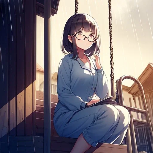 anime girl sitting on a porch swing of an old house, journaling, wearing pajamas, writing in a book, shes watching it rain, more detail on hands and her face,shes deep in her thoughts, wearing glasses, rain drops, she has a pencil in her hand and is writning in the book, she is looking down at what she is writing, lightning, she is writing something in a book, eyes are pointed down