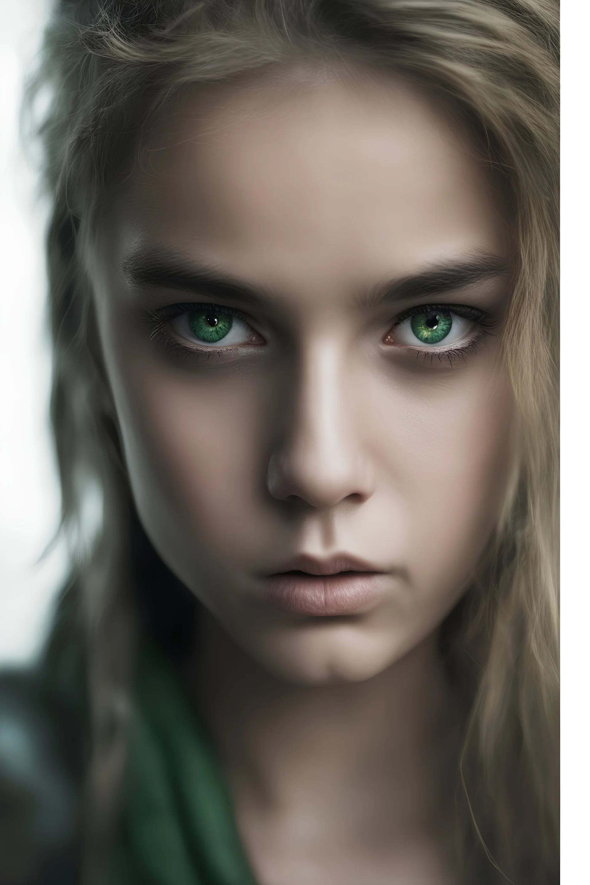 Photoreal gorgeous shot of beautiful young girl with one gold and one green eye, warrior, strong, sad, resilient, forgotten realms fantasy style by lee jeffries, otherworldly creature, in the style of fantasy movies, shot on Hasselblad h6d-400c, zeiss prime lens, bokeh like f/0.8, tilt-shift lens, 8k, high detail, smooth render, unreal engine 5, cinema 4d, HDR, dust effect, vivid color