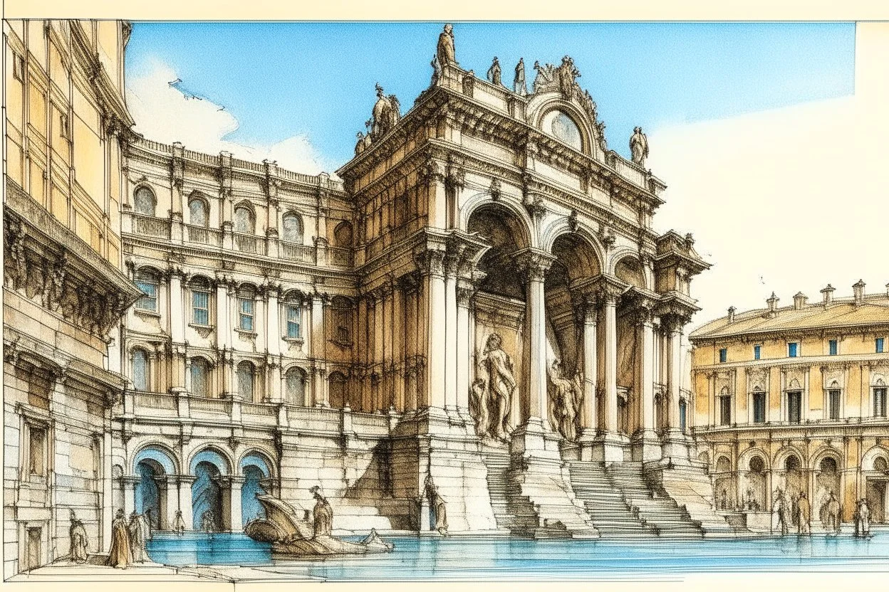 deseneaza cu penita si tus colorat cu acuarela , un sketch in stil minimal art , hasurat cu linii scurte de hasuri oblice scurte , cu mare acuratete si contrast , stil gravura pe metal reprezentand Fontana di trevi din roma antica , in stilul miniaturilor persane