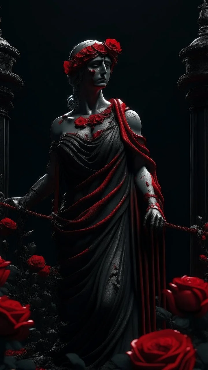 The statue of Justice, dripping with blood, wears a red blindfold. She carries a scale full of blood-red flowers, and poppies grow from underneath her and climb up the statue. Dark garden background. Dark garden background cinematic.