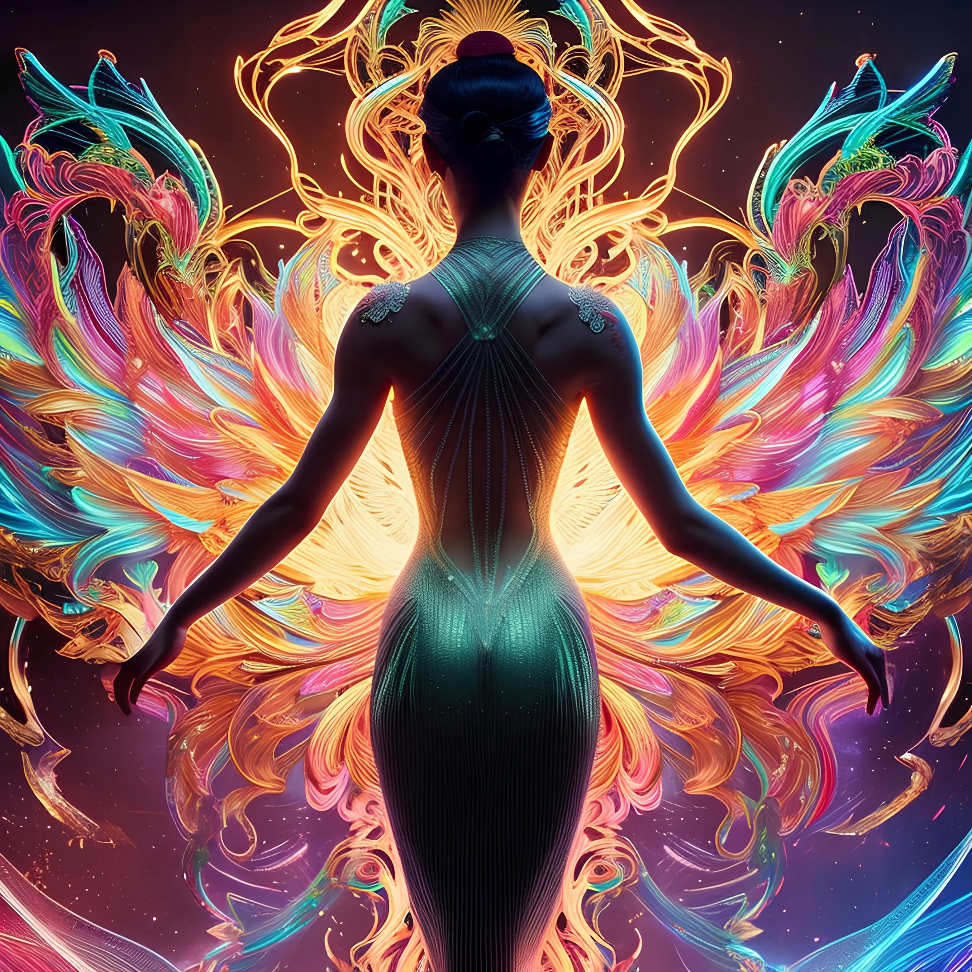 Hyper detailed back silhouette of woman dancing, wearing elegant clothes with a whip in her hand, iridescent intricate background, dance music style, 8K, octane rendered, unreal engine, 3d graffiti art, splash art, street art, spray paint, oil gouache melting, acrylic, high contrast, colorful polychromatic, ultra detailed, ultra quality, CGSociety