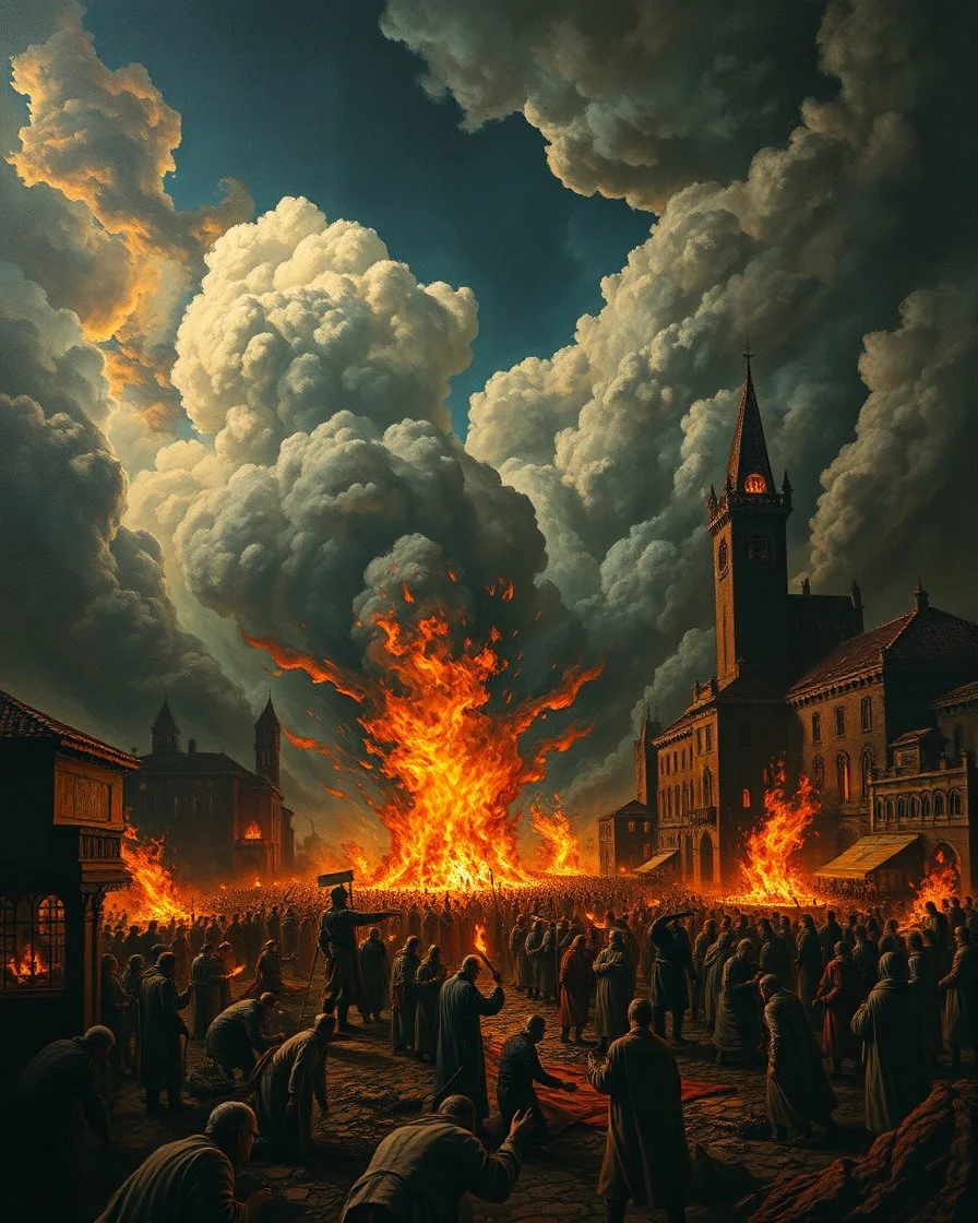 Bosch painting style, nightmare , people suffering in hell , dramatic, great quality picture with cinematic scenes , show only heavy clouds and buildings on fire in the background
