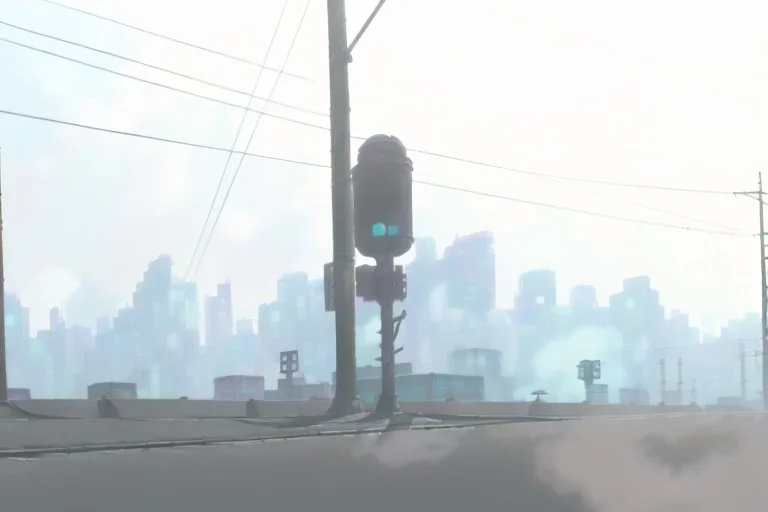 Smokey cyberpunk cityscape, dystopian