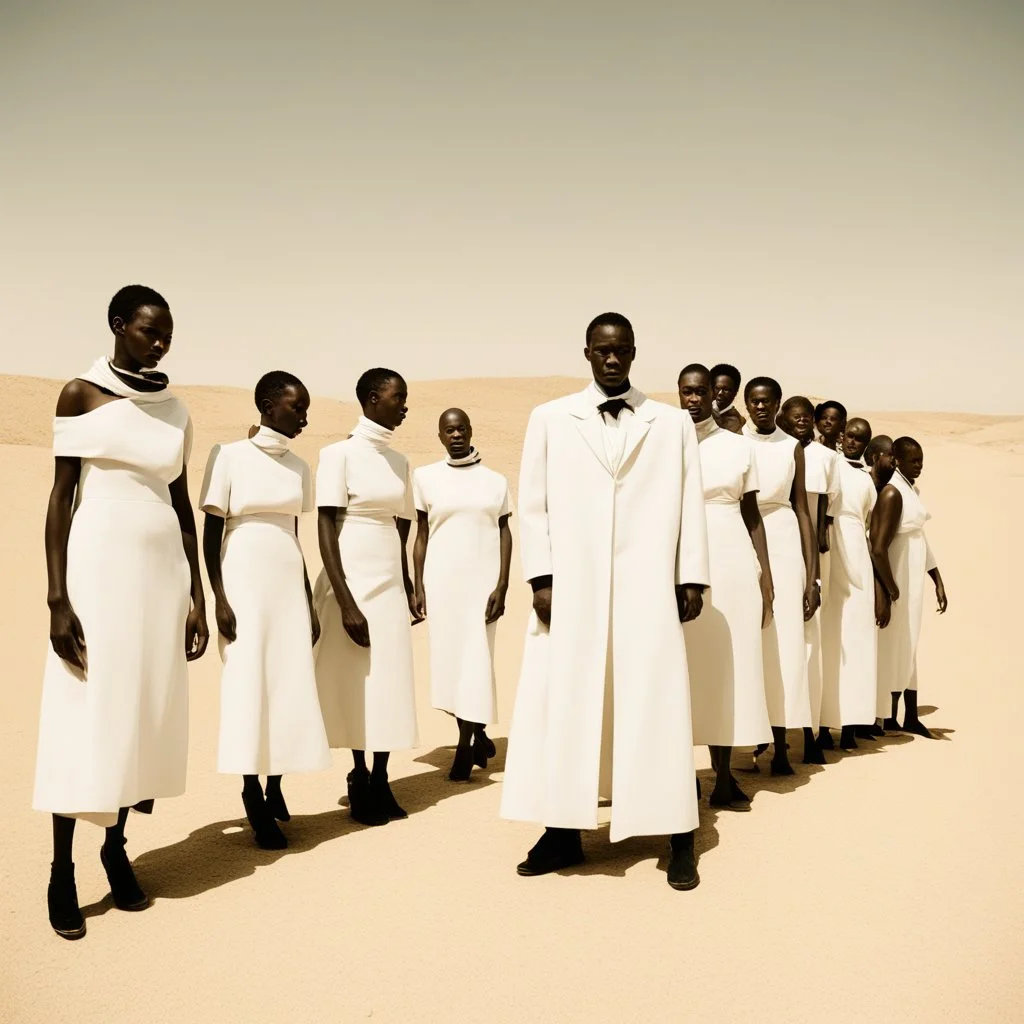 modern minimal photo ,In the style of William Klein, extremely thin and malnourished black African people wearing white collar dress in an arid desert landscape, color photography captured in the style of dslr camera. --ar 62:85 --v 6. 0