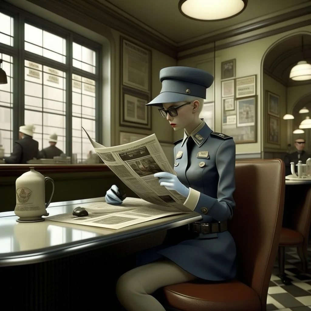 policewoman in coffee shop, reading newspaper, cool scene, by ray caesar