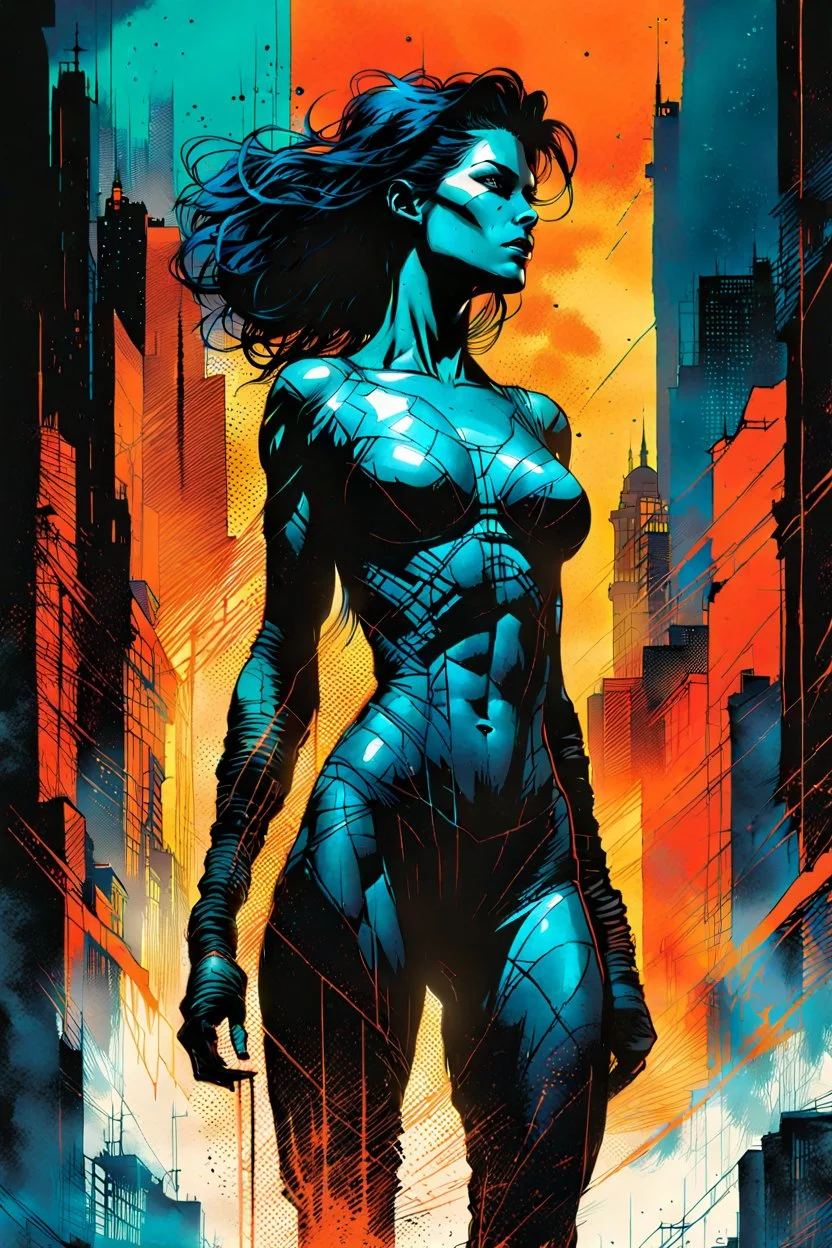 create an abstract full body illustration of a woman formed from an inner city landscape , highly detailed , in the comic art style of FRANK MILLER and BILL SIENKIEWICZ, searing lines and forceful strokes, boldly inked, with gritty textures, vibrant colors, dramatic otherworldly lighting, highly detailed facial features, 8k