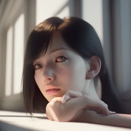 female student studying by the window, anime style,perfect face, cool face, unreal engine 5, cinema4d, sun light, studio lighting --ar 1:1 --v 4