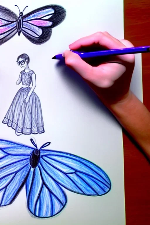 Dibujo escena de una mariposa de los abismos en el fondo, aparece una adolescente con gafas y un perrete azul.