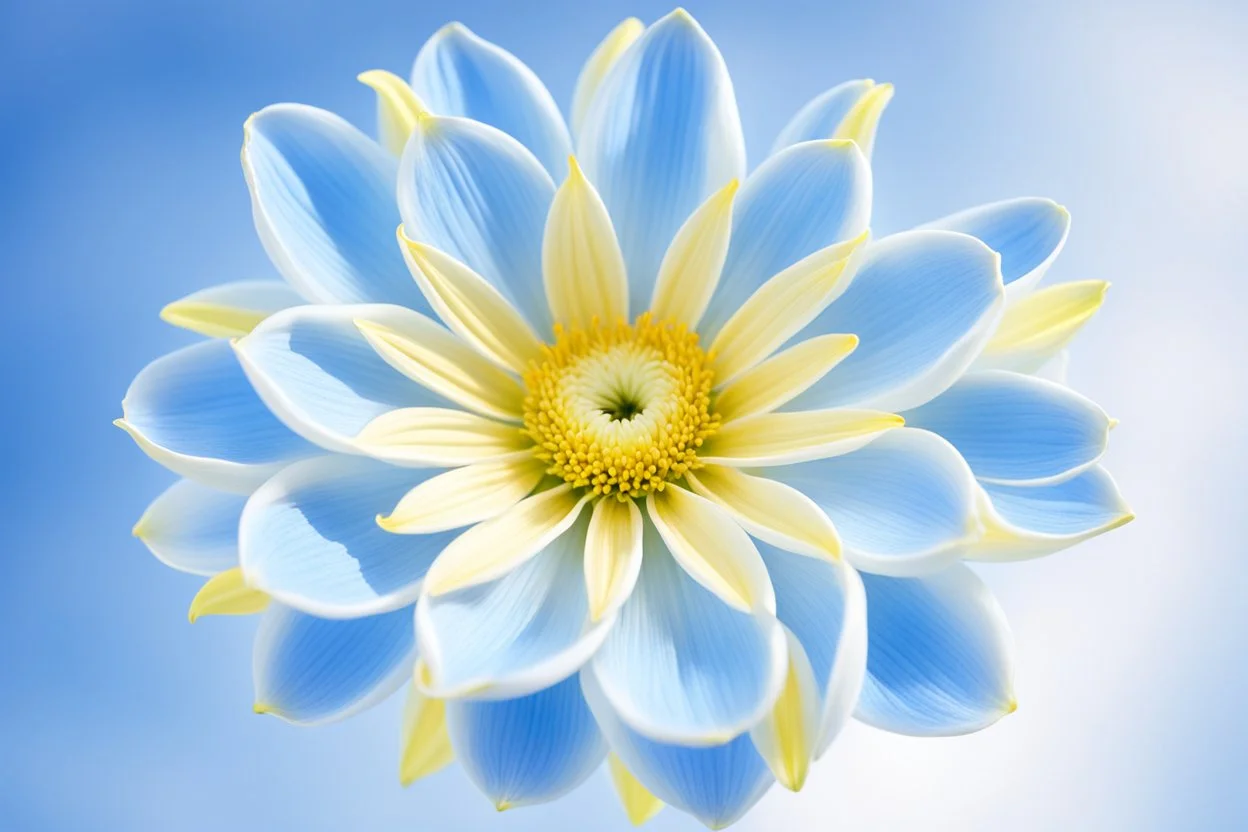 cosmic open flower light blu and white with yellow in the inside. the background is a light sky