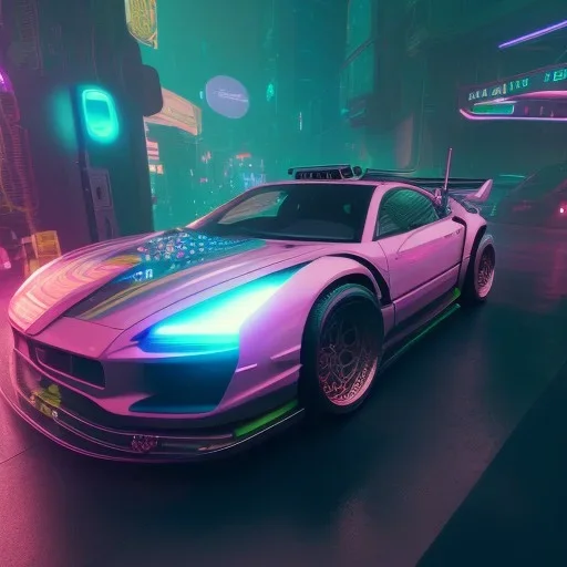 cyberpunk hyper car,cyberpunk 2077, ultra realistic,shiny, smooth, studio quality, octane render, Surrealism, Triadic colour scheme,glow-stick, ambient lighting,nightclub lighting, polaroid, 100mm, --ar 1:1 --v4