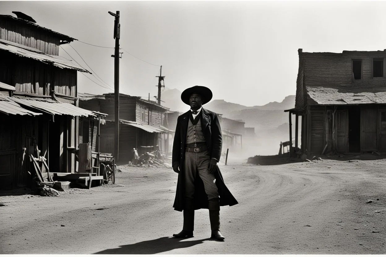 [very impressive high res masterpiece in Kodak Eastman 5247, scene by László Krasznahorkai] the Black or Afro-American sheriff in the Wild West. A tale as rare and powerful as a shooting star in the night sky. Picture this: a lone figure, standing tall in the dusty streets of a frontier town, a badge gleaming on their chest, defying the odds and challenging the stereotypes of the time.