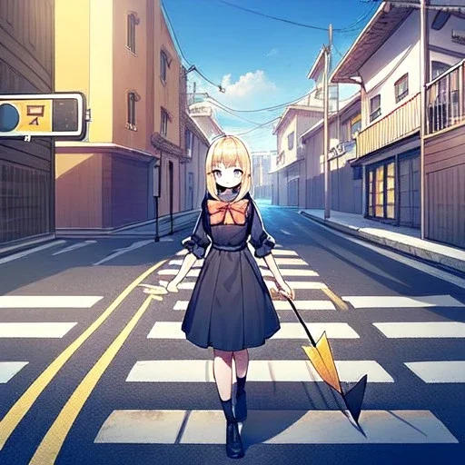 anime girl walking down a yellow brick road, holding a bow with arrow , road signs, arrows, direction into the street