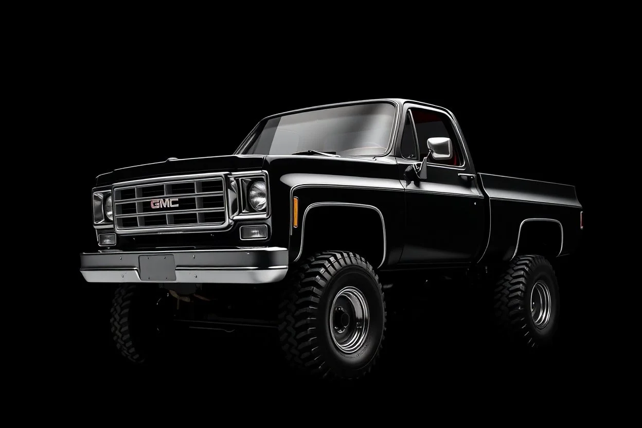 front corner 1973 GMC square body truck(lifted) facing to viewer's left, dark gray background, high contrast black and white vector