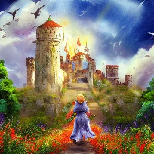 Epic Castle into sky, with flowers. Huge clouds and birds. Shy running girl going out of the main gate. Detailed painting, sharp color, medieval, intricate detail, far sceen, realistic colors, medieval concept art. Spring. Burning flames onside.