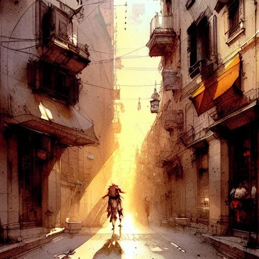 Italian street ,Golden hour, book illustration by Jean Baptiste Monge,Jeremy Mann", strong lines, high contrast vibrant colors, highly detailed