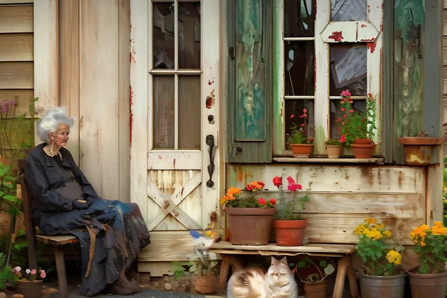 oil on roughened canvas, Textured Scumbling Technique, loose unstructured, Monet brush strokes. vintage feel. Old wooden Open housedoor with peeling paint, window next to door. An old woman with a curled sleeping cat beside her is sitting on an old tatty wooden bench. flowers, and pots. scruffy rundown pop hue of red