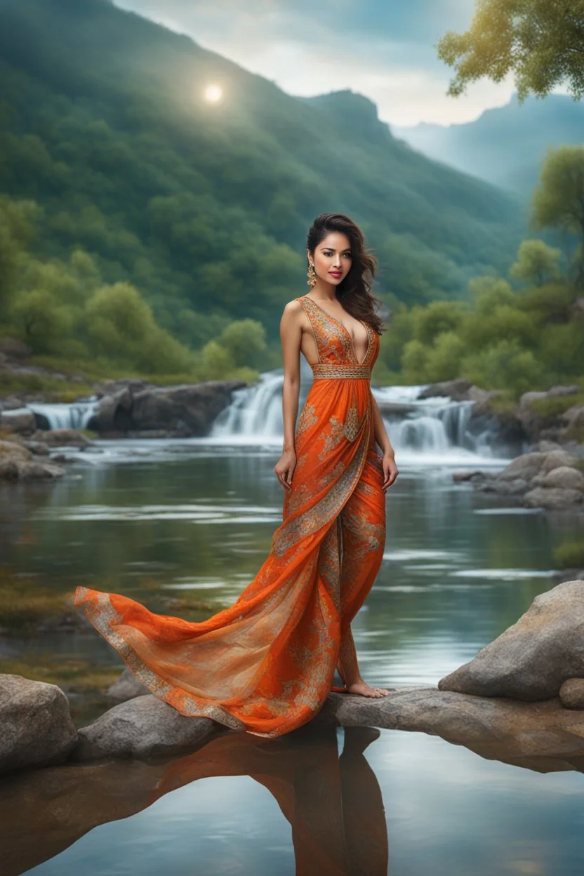 full shot body photo of the most beautiful artwork in the world featuring model, happy mood, High Detail, dramatic, photo realistic, ultra sharp, ultra hd, hyper realistic, ultra realistic, ((((dress)))), trending on artstation, sharp focus, studio photo, intricate details, highly detailed, standing in nice pose in country side with river ,water fall ,rocky valley,mountains at background, pretty clouds